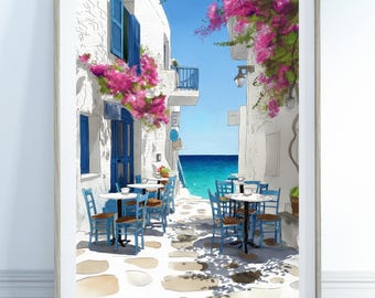 Greek Coffee Print - Coastal Aegean Poster, Pink Bougainvillea Poster, Coffee Wall Art, Cyclades Wall Art, Greek Home Decor