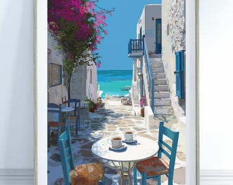 Greek Coffee Print - Coastal Aegean Poster, Pink Bougainvillea Poster, Coffee Wall Art, Cyclades Wall Art, Greek Home Decor