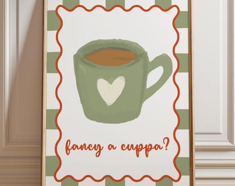 Fancy a Cuppa Print-Kitchen Decor, Green Wall Art, Tea Poster, Pastel Prints, Retro Kitchen Wall Art, Gifts For Her, Checkered Housewarming