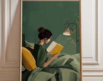 Emerald Green Woman Reading in Bed Print-Green Wall Art, Book Lover Wall Art, Reading Nook, Dopamine Decor, Gift For Book Lovers, Cute Print