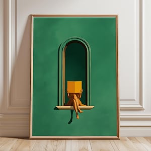 Emerald Green Woman Reading Print-Green Wall Art, Library, Book Lover Gifts, Minimalist Decor, Dopamine Decor, Reading Nook Bedroom Wall Art