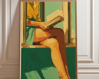 Impresión de mujer leyendo - Arte mural retro, arte mural verde, regalos para amantes de la lectura, impresión para amantes de la lectura, arte mural para dormitorio, arte verde esmeralda