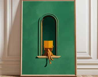 Emerald Green Woman Reading Print-Green Wall Art, Library, Book Lover Gifts, Minimalist Decor, Dopamine Decor, Reading Nook Bedroom Wall Art
