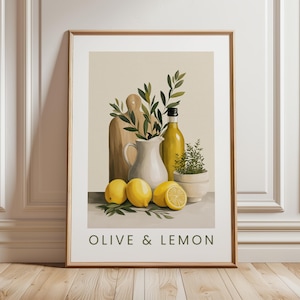Kunstdruck „Zitrone & Olivenöl“ für die Küche – Mediterrane Motive, Küchendekoration, Landhausstil, Frühstücksmotiv, Neutrale Dekoration, Cottagecore