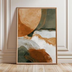 Abstrakter Druck in Terrakotta und Grün – Terrakotta-Dekor, Wandbild für gemütliches Ambiente, modernes Wandbild, Küchenbild, Wandbild fürs Wohnzimmer, Retro-Wandbild