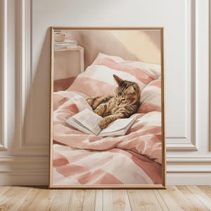 Cat Reading Print-Bedroom Decor, Reading Wall Art, Library, Book Lover Gifts, Tabby Cat, Reading Nook, Bedroom Wall Art, Cat in Bed Print