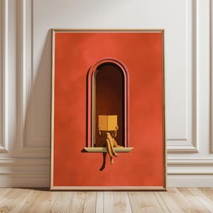 Quadro laranja com mulher lendo - Arte de parede laranja, Biblioteca, Presentes para amantes de livros, Decoração minimalista, Decoração que estimula a dopamina, Cantinho de leitura, Arte de parede para quarto