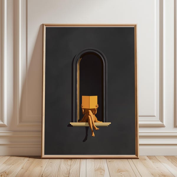 Woman Reading Print - Black Decor, Library, Book Lover Gifts, Minimalist Decor, Dopamine Decor,  Reading Nook, Bedroom Wall Art, Black Print