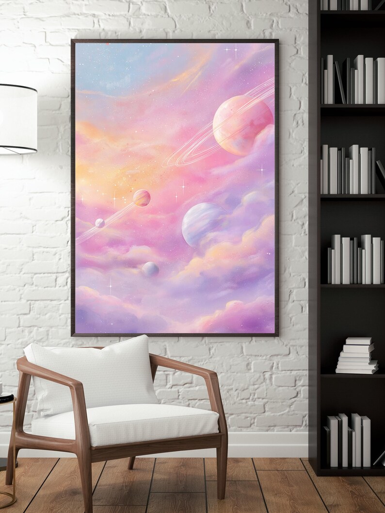May include: A framed art print depicting a dreamy space scene. Pastel colors of pink, purple, and blue blend to create a celestial landscape with planets, clouds, and stars. The artwork is displayed above a wooden chair with a white cushion.