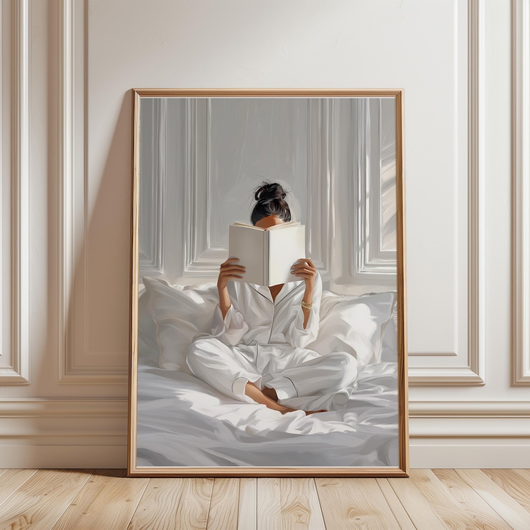 Woman Reading in Bed Print - Neutral Wall Art, Library, Book Lover ...