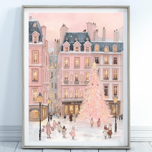 Pink Christmas Tree Print-Cozy Christmas Village Print, Snowy Town Scene Art, Winter Holiday Decor, Festive Home Decor, Holiday Wall Art