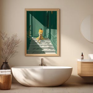May include: A bathroom scene featuring a large, oval bathtub, a wooden vanity with a round mirror, and a framed artwork. The artwork depicts a person in yellow sitting on stairs. The walls are a neutral color, and the overall aesthetic is modern and minimalist.