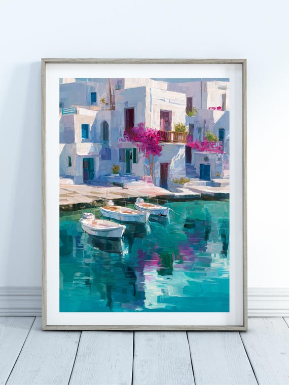 Greek Harbour Print-Coastal Aegean Poster, Greek Coastal Wall Decor, Greece Wall Art, Cyclades Wall Art, Greek Home Decor, Greece Print
