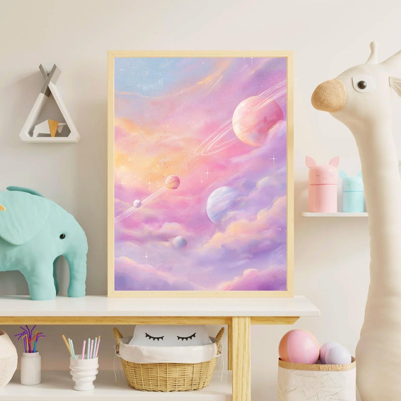 May include: A framed artwork featuring a dreamy space scene with planets, rings, and clouds in shades of pink, purple, and orange. The artwork is displayed on a white shelf with decorative items, including a giraffe and a basket.