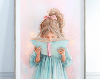 Girl Reading Pastel Painting - Book Lover Gifts, Reading Poster, Bedroom Decor, Library, Book Prints, Girls Room Wall Art, Cute Print