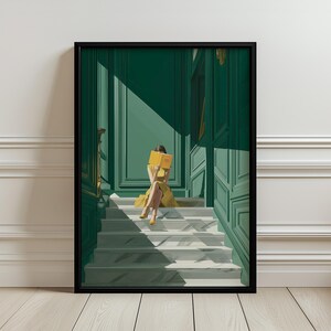 May include: Framed art print of a person in a yellow dress reading a book on a staircase. The staircase is white with a checkered pattern, and the walls are a deep green. The artwork is in a black frame.