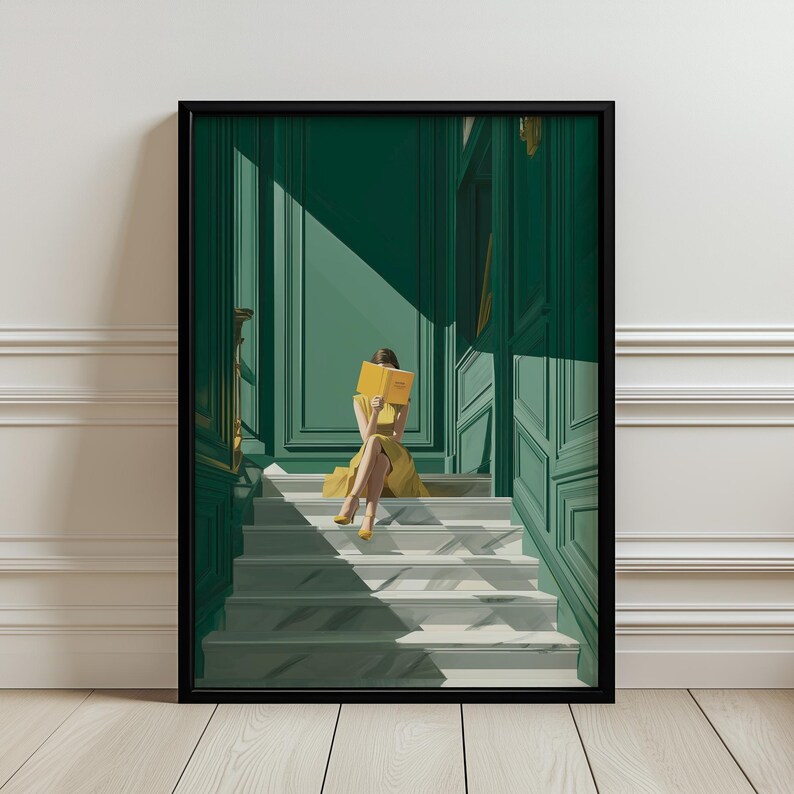 May include: Framed art print of a person in a yellow dress reading a book on a staircase. The staircase is white with a checkered pattern, and the walls are a deep green. The artwork is in a black frame.