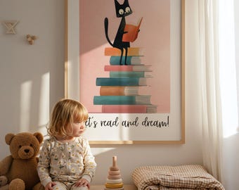 Cute Cat Book Stack Wall Art-Cat Reading Print, Book Lover Gift, Black Cat Wall Art, Cat Book Art, Cosy Girls Bedroom Poster Cat Lover Gifts