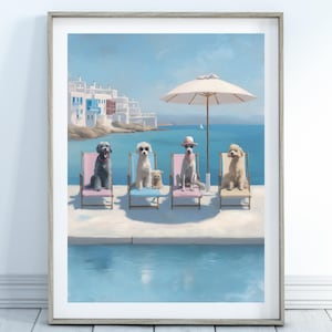 Retro Glam Dog Modern Wall Art - Cute Pastel Dogs Sunbathing Wall Art, Funny Pet Poster