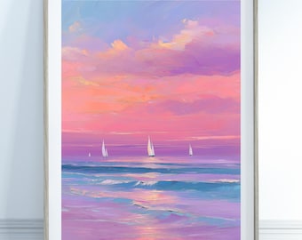 Pink Coastal Sunset Print-Pastel Wall Art, Boho Wall Decor, Pink Print, Summer Print, Sailboats Print, Coastal Wall Art, Cottage Core