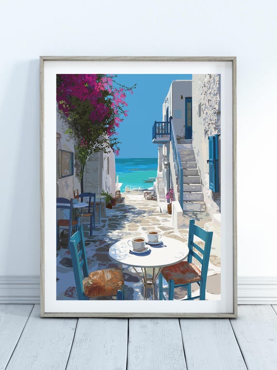 Greek Coffee Print - Coastal Aegean Poster, Pink Bougainvillea Poster, Coffee Wall Art, Cyclades Wall Art, Greek Home Decor