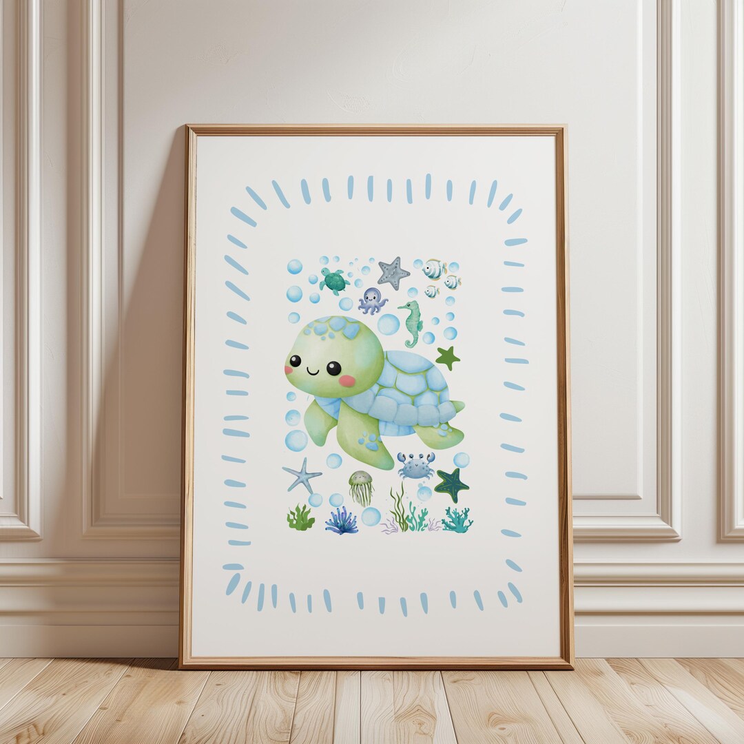 Ocean Animals Nursery Wall Art – Blue Turtle Print, Blue Decor, Kids ...