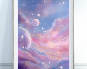 Pastel Planets Galaxy Print – Preppy Wall Art in Pink, Blue & Lavender, Nursery Space Decor with Stars, Dreamy Sky for Girl's or Boy's Room