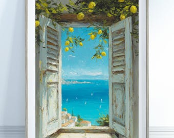 Mediterranean Window View Art – Coastal Lemon Tree Wall Decor, Italian Seaside Landscape  Poster, Italian Lemon Tree Wall Art