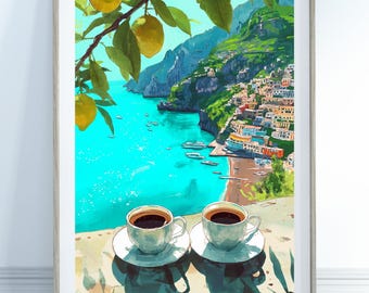 Póster de café de Italia - Arte de limón de Italia, arte mural de café italiano, lámina de café para cocina, póster de Amalfi Italia, póster de viaje, arte de limón de Sorrento