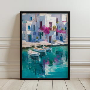 May include: A framed art print depicting a coastal scene with white buildings, turquoise water, and small boats. The artwork features vibrant colors, including pink flowers and reflections in the water. The black frame adds a modern touch.