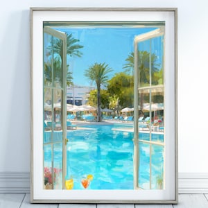 Retro Pool Art Print – Blue Palm Springs Wall Decor, Vintage-Inspired Poolside Artwork