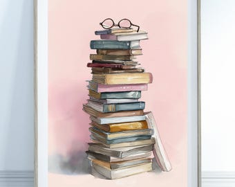 Pastel Book Stack & Glasses Print - Book Lover Gifts, Pink Prints, Reading Poster, Bedroom Decor, Minimalist Wall Art, Library, Book Prints