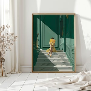 May include: A framed art print depicts a person in a yellow dress reading a book on a staircase. The background features a green door and wall with sunlight casting shadows. The artwork is displayed in a bright room with a vase of dried flowers.