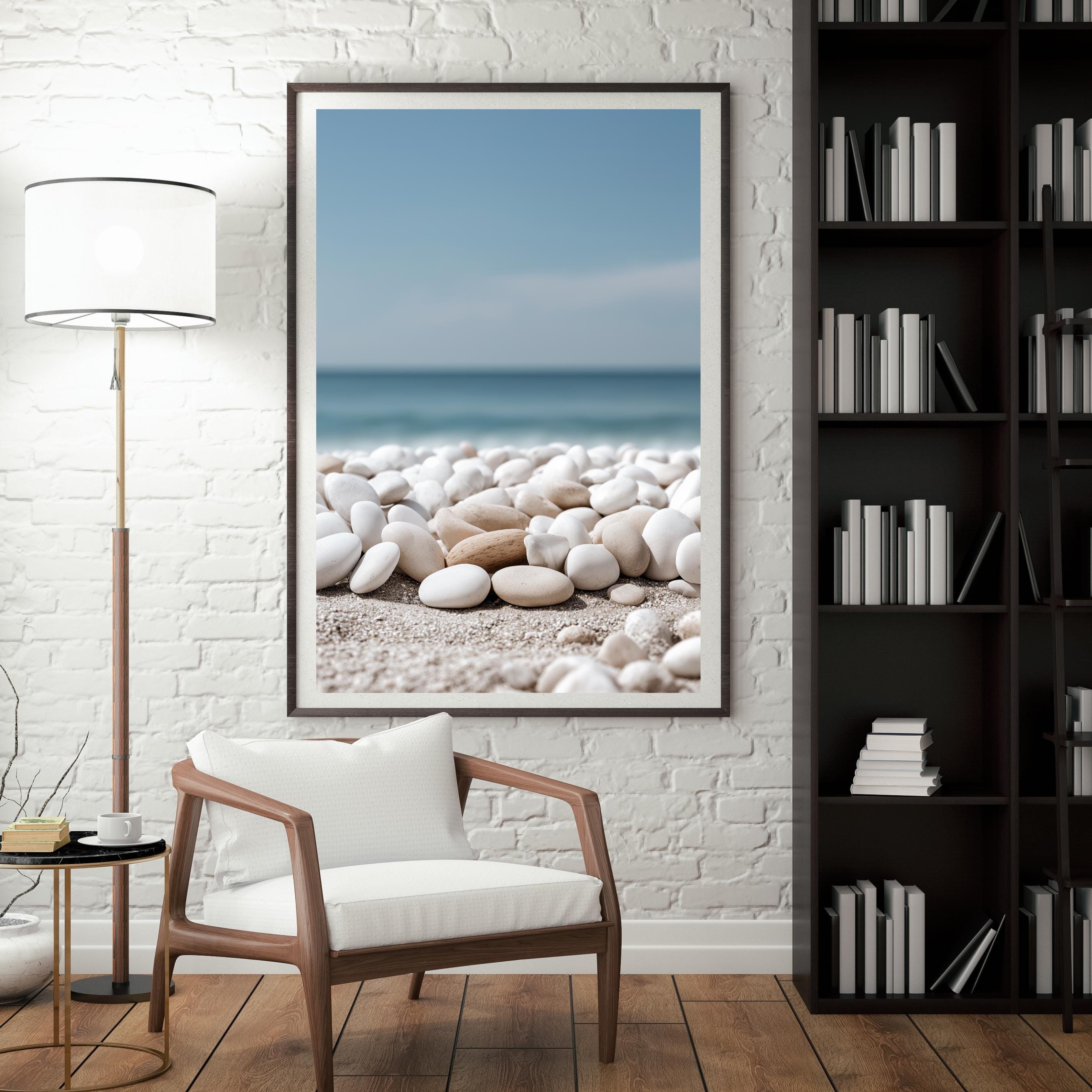 Beach Pebbles Wall Art - White Rocks and Ocean, Neutral Coastal Decor ...