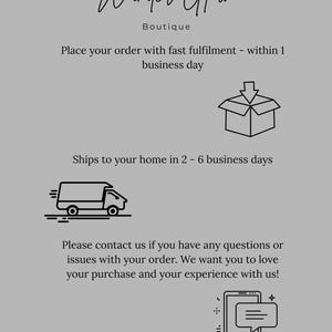 May include: A gray graphic with the text "Wander Glow Boutique". The text is in a cursive font. The graphic also includes icons of a box, a delivery truck, and a smartphone with a speech bubble.