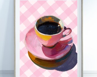 Coffee Print - Pink Prints, Kitchen Decor, Checkered, Coffee Bar, Gingham Print, Coffee Lover Gift, Caffe Poster, Coffee Nook, Coquette