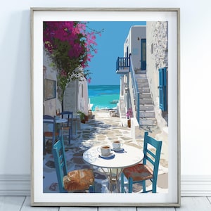 Greek Coffee Print - Coastal Aegean Poster, Pink Bougainvillea Poster, Coffee Wall Art, Cyclades Wall Art, Greek Home Decor