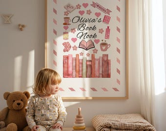 Personalised Book Nook Wall Art Print–Pink Girls Room Book Art, Book Lover Poster, Playroom Prints, Gift for Reader, Reading Nook Decor Sign