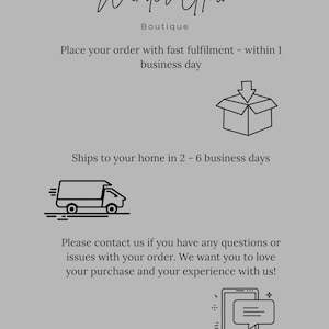 May include: A gray graphic with the text "Wander Glow Boutique". The text is in a handwritten style. Additional text includes "Place your order with fast fulfillment - within 1 business day" and "Ships to your home in 2 - 6 business days".