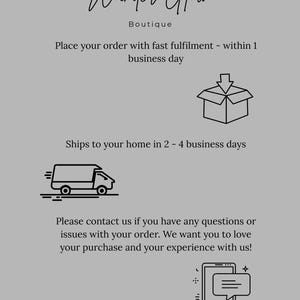 May include: A gray graphic with the text "Wander Glow Boutique". The text includes information about order fulfillment and shipping times. Additional text encourages customers to contact the shop with any questions or issues.