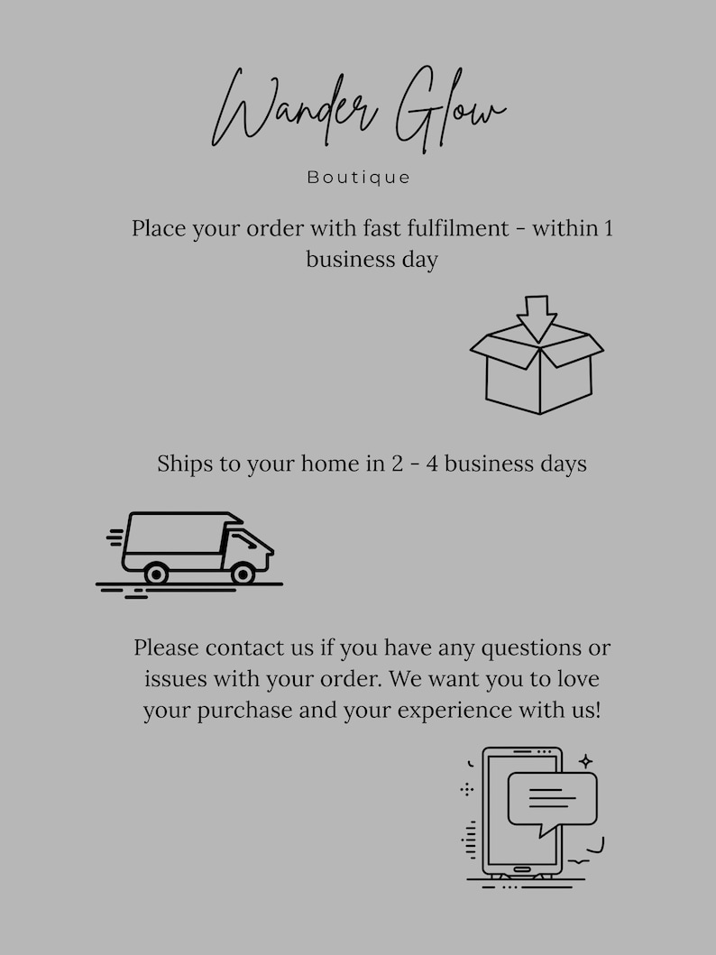 May include: A gray graphic with the text "Wander Glow Boutique". The text includes information about order fulfillment and shipping times. Additional text encourages customers to contact the shop with any questions or issues.