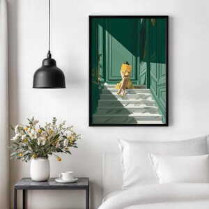 May include: A framed art print depicts a person in a yellow dress reading a book on a staircase. The artwork features a green door and walls, with sunlight casting shadows. A black pendant light hangs above a table with a vase of flowers.