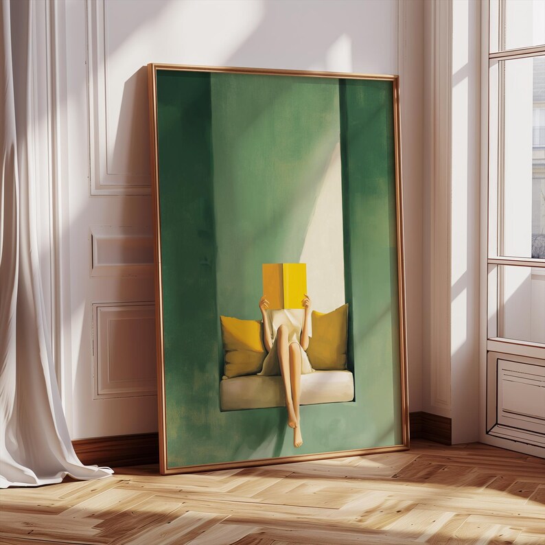 Emerald Green Woman Reading Print-green Wall Art, Library, Book Lover ...