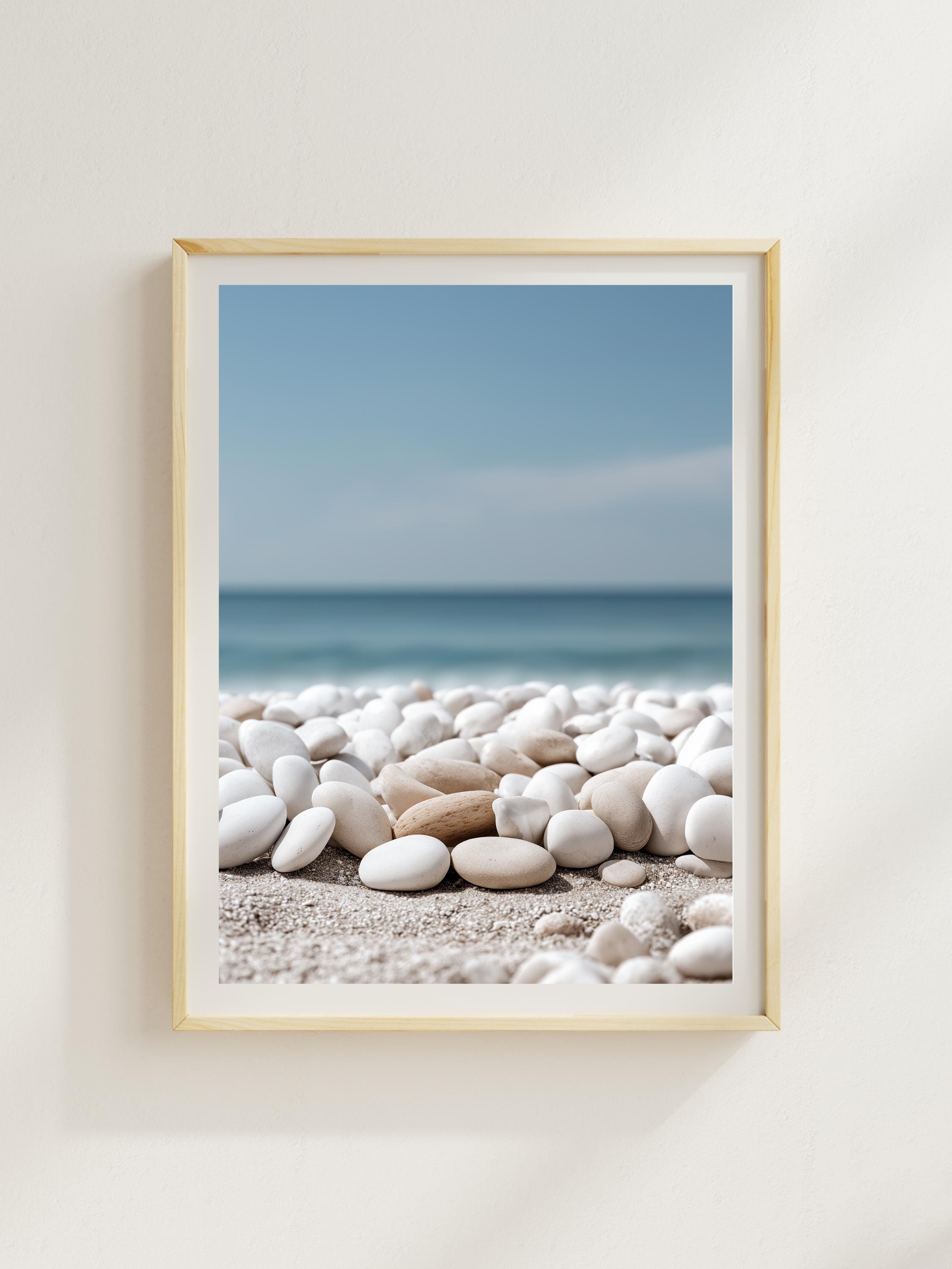 Beach Pebbles Wall Art - White Rocks and Ocean, Neutral Coastal Decor ...