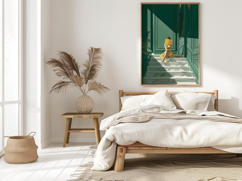 May include: A bedroom scene with a wooden bed, a woven basket, and a decorative vase with dried plants. A framed artwork depicts a person in yellow sitting on green stairs. The room has a neutral color palette.