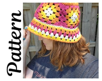 Bloom & Wander Hat | Granny Square Bucket Hat Crochet Pattern PDF | Retro Floral Hat (PDF Download)