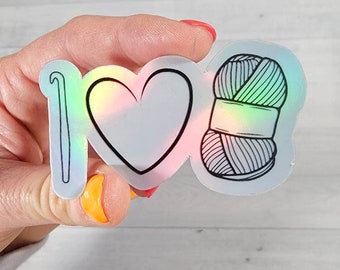 I LOVE YARN Sticker, Holographic Stickers, Vinyl Stickers, Knitting Stickers, Yarn Stickers, Gifts for Knitters, Crochet Stickers