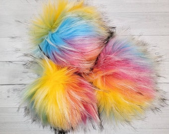 CARNIVAL Faux Fur Poms, Poms, Black Tipped Poms, Faux Fur Poms, Luxury Poms, Pom Poms, Fur Poms, Poms for Hats, Crochet Knitting