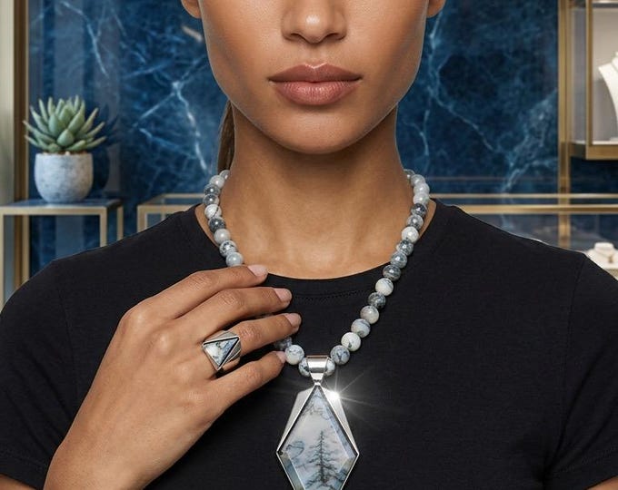 Desert Rose Trading Marbled Porcelain Sterling Silver Necklace and Ring Set
