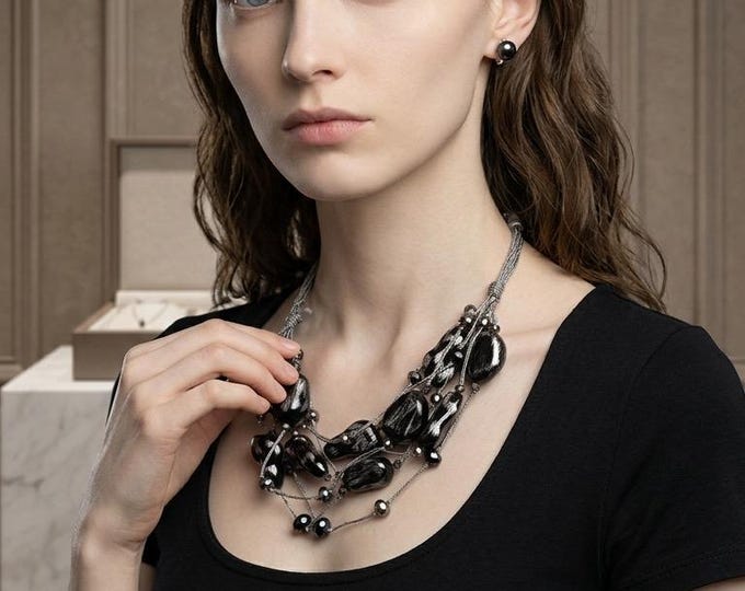Black Stone  Necklace Speckled with Silver Flecs w/matching Stud Earrings.